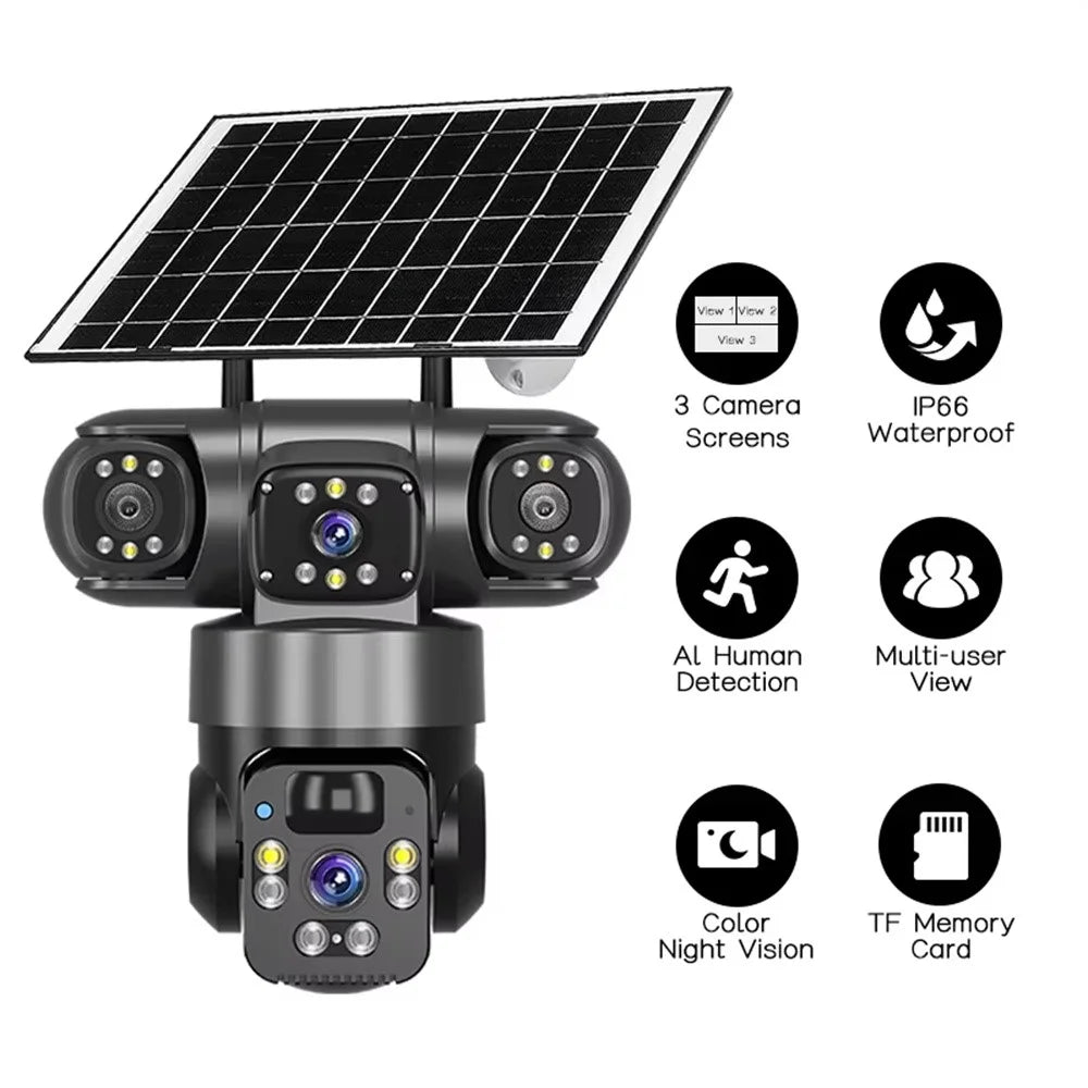 QL22 3-Screen Panoramic Security Camera IP66 Waterproof PIR Detection Solar Powered WiFi Camera - Black - 3