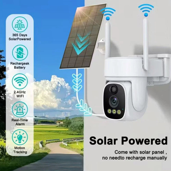V380 Solar Powered Security Camera Night Vision 3MP HD Outdoor WiFi Surveillance PTZ Camera - White - 4