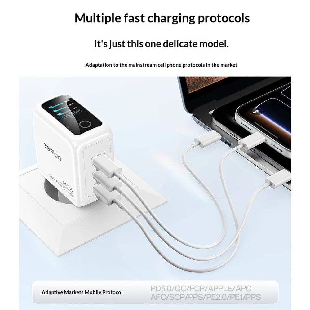 YESIDO YC114 140W GaN Charger PD 3.1 Fast Charging 3-Port Power Adapter with Dynamic Display - White/EU Plug - 6