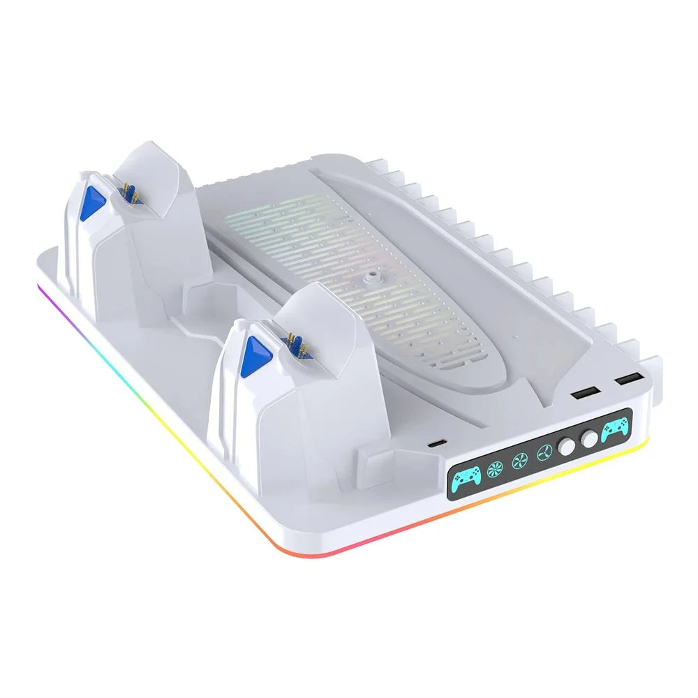 8043 Cooling Stand Dual Controller Charging Station for PS5  /  PS5 Slim  /  PS5 Pro RGB LED Lights Game Storage Rack - White - 1