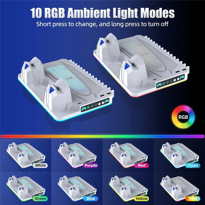 8043 Cooling Stand Dual Controller Charging Station for PS5  /  PS5 Slim  /  PS5 Pro RGB LED Lights Game Storage Rack - White - 4