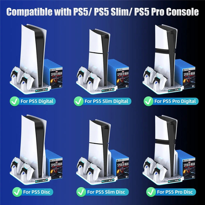8043 Cooling Stand Dual Controller Charging Station for PS5  /  PS5 Slim  /  PS5 Pro RGB LED Lights Game Storage Rack - White - 6