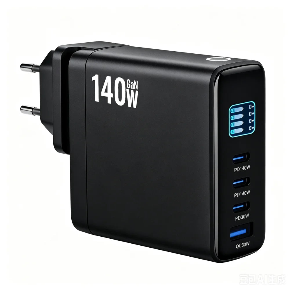 140W GaN Wall Charger with TFT Display 3 USB-C + 1 USB-A Fast Charging Power Adapter, EU Plug - Black - 1