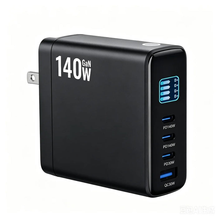 140W GaN Wall Charger with TFT Display 3 USB-C + 1 USB-A Fast Charging Power Adapter, US Plug - Black - 1
