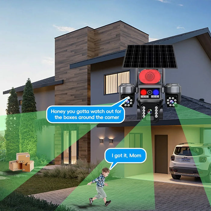 4G Solar Powered 3-Lens PTZ Security Camera 2MP+2MP+2MP 360 Degree Surveillance Camera for Outdoor - 4