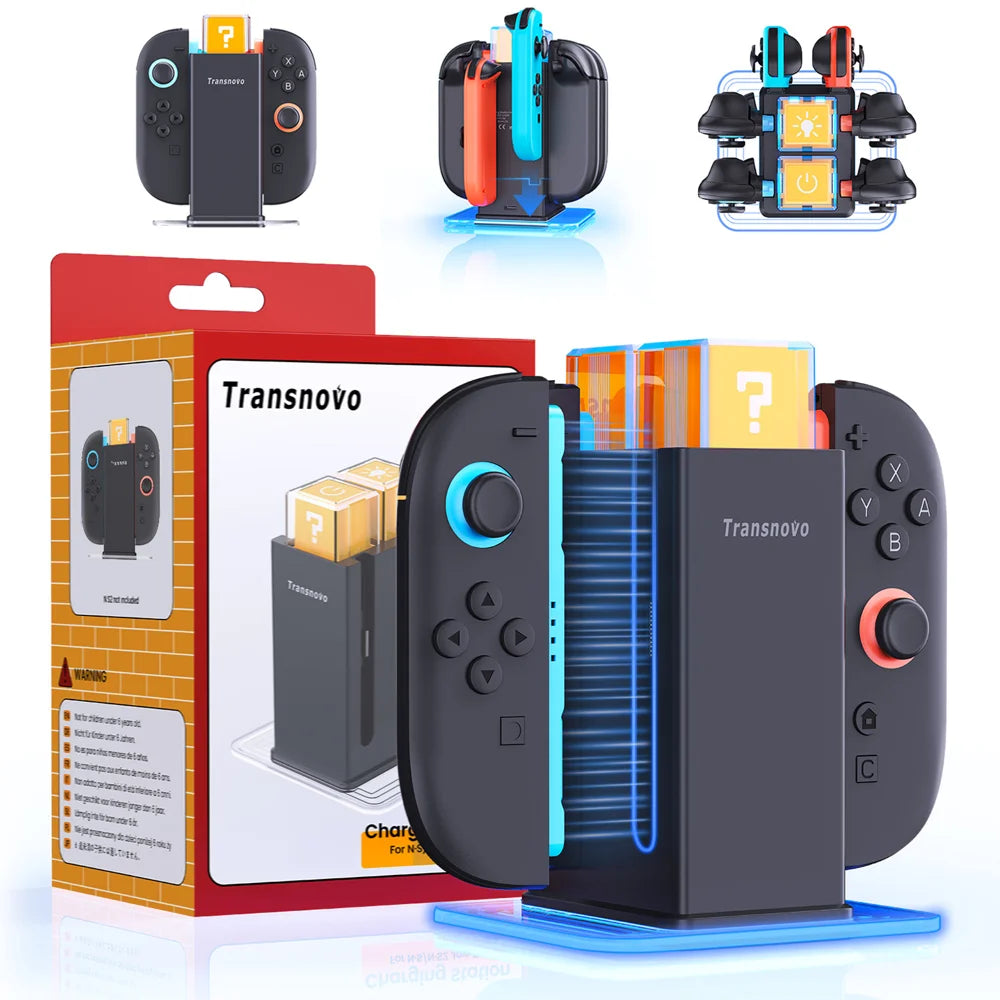 TRANSNOVO S73-018 6 in 1 Charging Dock for Nintendo Switch 2 / OLED / Switch Joy-Con Charger Stand with RGB Light - Black - 1
