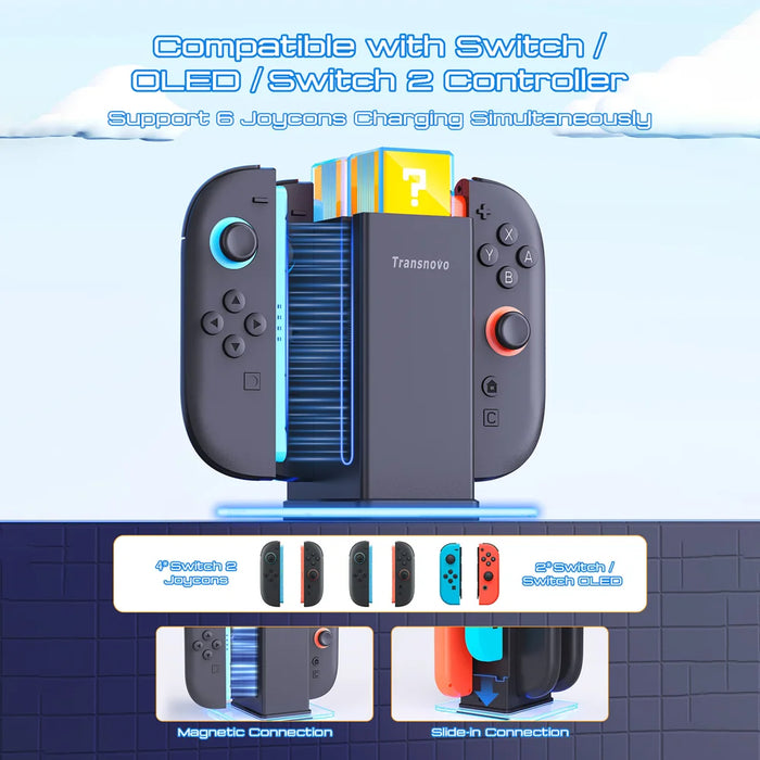 TRANSNOVO S73-018 6 in 1 Charging Dock for Nintendo Switch 2 / OLED / Switch Joy-Con Charger Stand with RGB Light - Black - 5