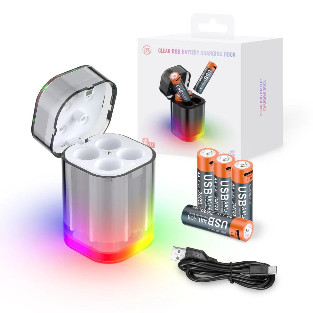 JYS-X160 RGB Lighting 4-Slot Battery Charging Station with 4Pcs 1600mAh AA Lithium Batteries for VR Controllers - White - 1
