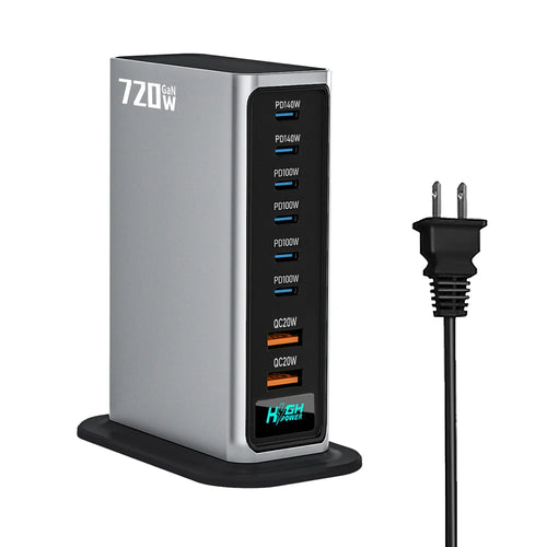 NCC777 140W GaN Desktop Charger USB-C + USB-A 8-Port Fast Charging Station for Laptop Phone - US Plug/Silver - 1