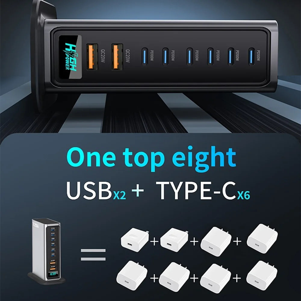 NCC777 140W GaN Desktop Charger USB-C + USB-A 8-Port Fast Charging Station for Laptop Phone - US Plug/Silver - 4
