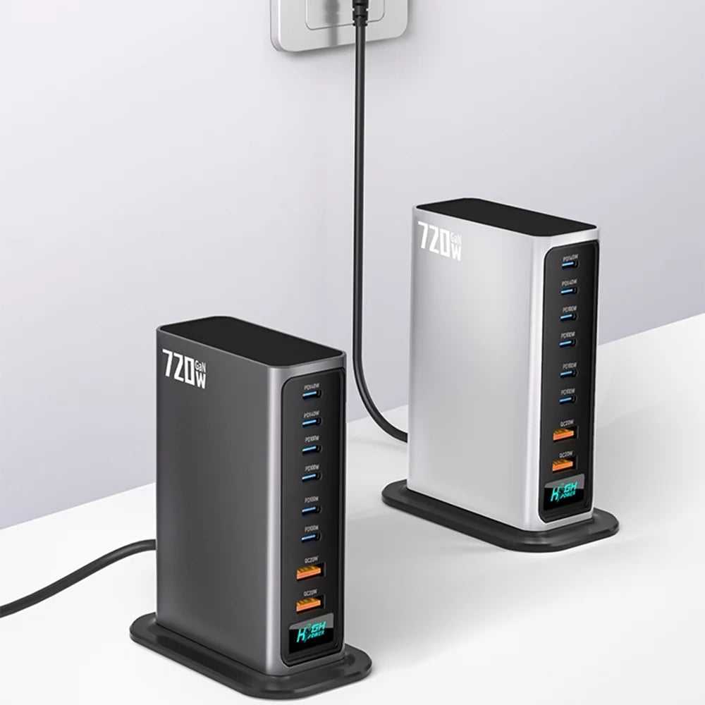 NCC777 140W GaN Desktop Charger USB-C + USB-A 8-Port Fast Charging Station for Laptop Phone - US Plug/Silver - 7