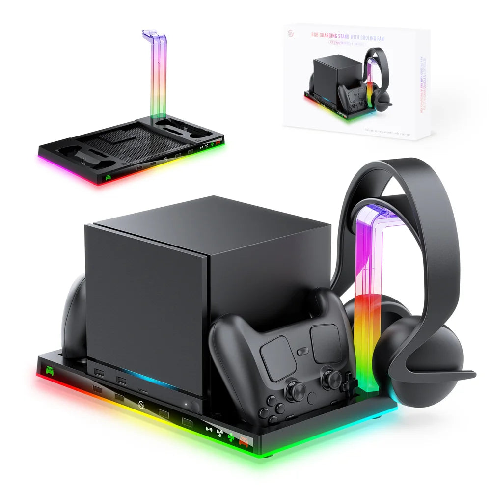 JYS-SDM003 For Steam Machine/Steam Controller Multi-function Charging Dock Headset Storage RGB Cooling Fan Stand - Black - 1