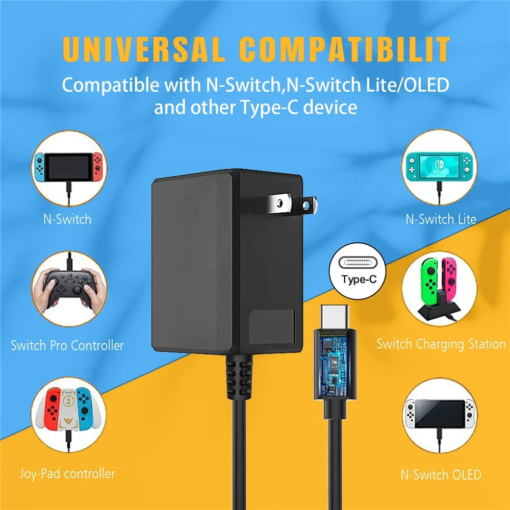 MIMD 2.6A AC Adapter for Nintendo Switch / Lite / OLED Game Controller Type-C Charger with 1.5m Cable - US Plug - 3