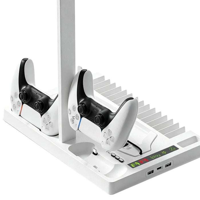 IPLAY HBP-534 Cooling Stand for Sony PlayStation 5/5 Pro/5 Slim Digital/Disc Version Dual Controller Charging Station with Fan Headset Holder - White - 2