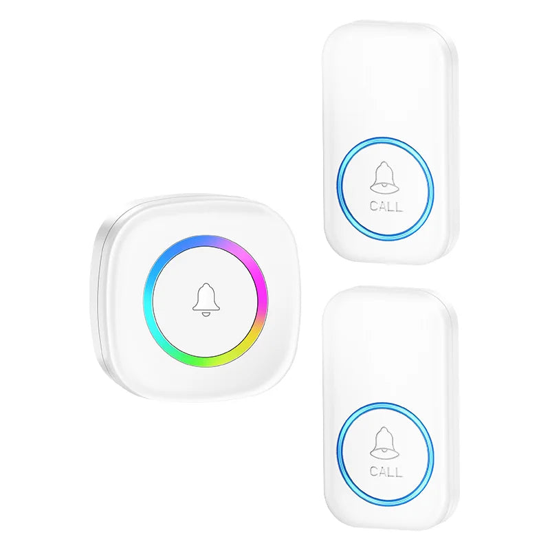 A6 Wireless Doorbell Kit 300m Range Colorful LED 60 Melodies No Wiring, 2 Transmitters + 1 Receiver - White US Plug - 1
