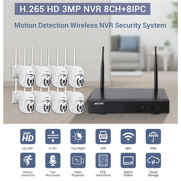 ESCAM WNK718 3MP Smart Home Security Camera NVR Set 8Pcs Wifi IP Cameras Outdoor Video CCTV Cameras Surveillance System - US Plug - 3