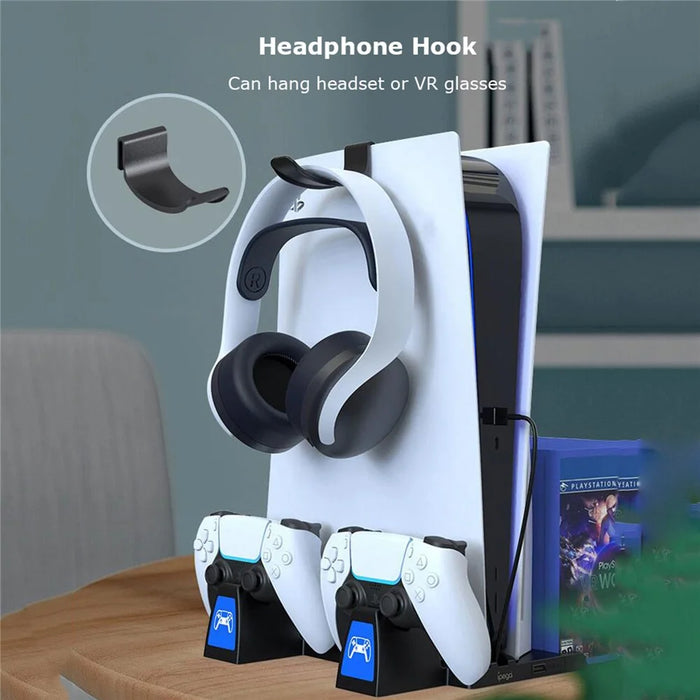 IPEGA PG-5009 Multifunctional Vertical Charging Dock Game Controller Charging Stand Storage Holder with Headset Hook Game Disc Container for PS5 - 6