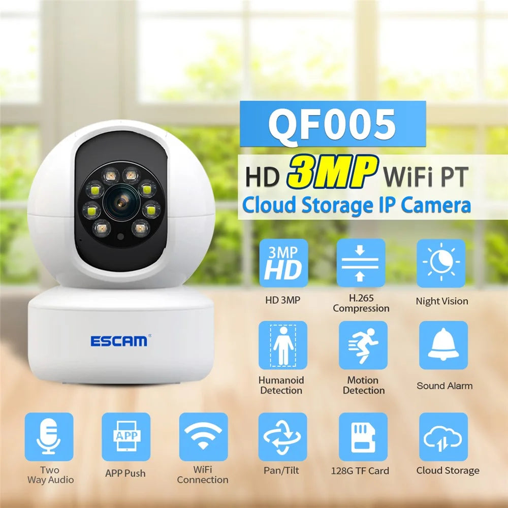 ESCAM QF005 3.0MP WiFi Two-way Voice Humanoid Detection IP Camera IR LED Night Vision Security Camera - US Plug - 5
