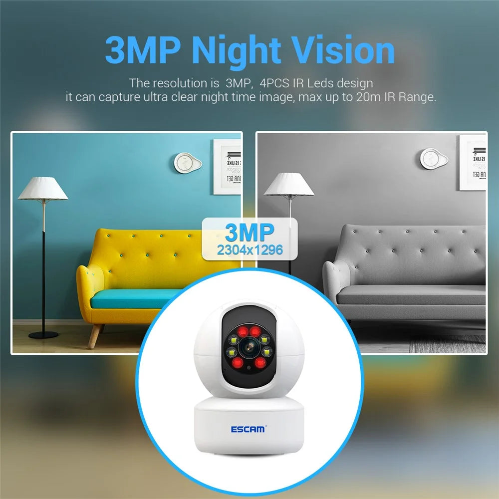 ESCAM QF005 3.0MP WiFi Two-way Voice Humanoid Detection IP Camera IR LED Night Vision Security Camera - US Plug - 6