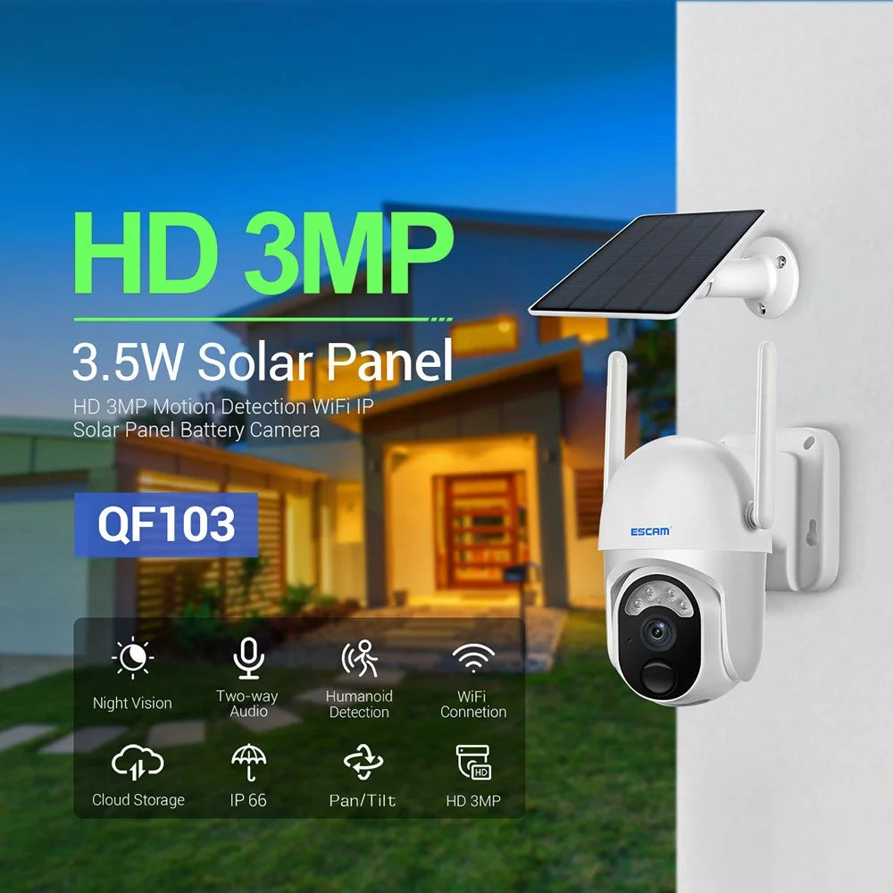 ESCAM QF103 3MP Cloud Storage PT WiFi PIR Alarm IP Camera + Solar Panel Full Color Night Vision Camera Security Monitor Camera Support Two Way Audio - 2