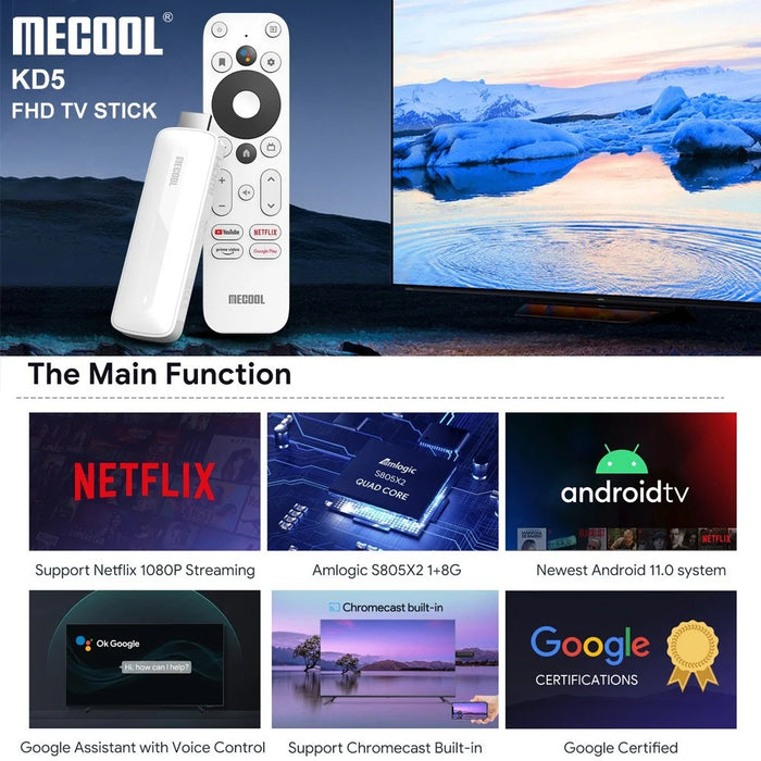 MECOOL KD5 Smart TV Stick TV Box Android 11 ATV Google Certified Amlogic S805X2 1GB 8GB DDR4 2.4G+5G WiFi BT AV1 TV Dongle (1+8G) - US Plug - 2