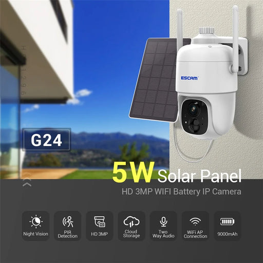 ESCAM G24 H.265 3MP Full HD AI Identify Camera with Solar Panel PIR Alarm WiFi Camera Built-In Battery - 2