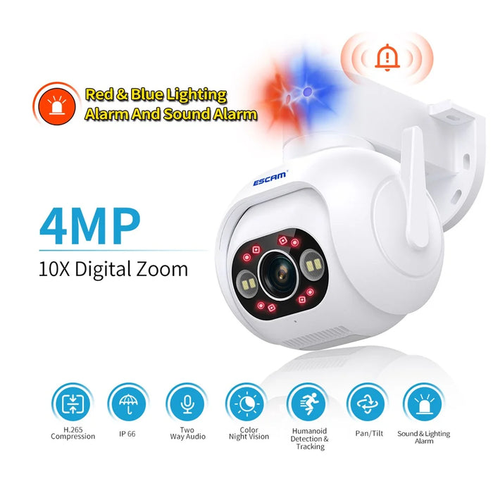 ESCAM PT304 4MP Human Detection Motion Camera WiFi Blue / Red Light Sound Alarm Smart Dual Light Night Vision H.265 Camera - US Plug - 3