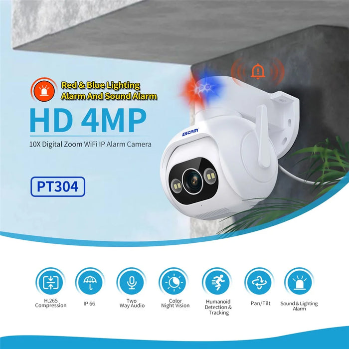 ESCAM PT304 4MP Human Detection Motion Camera WiFi Blue / Red Light Sound Alarm Smart Dual Light Night Vision H.265 Camera - US Plug - 4