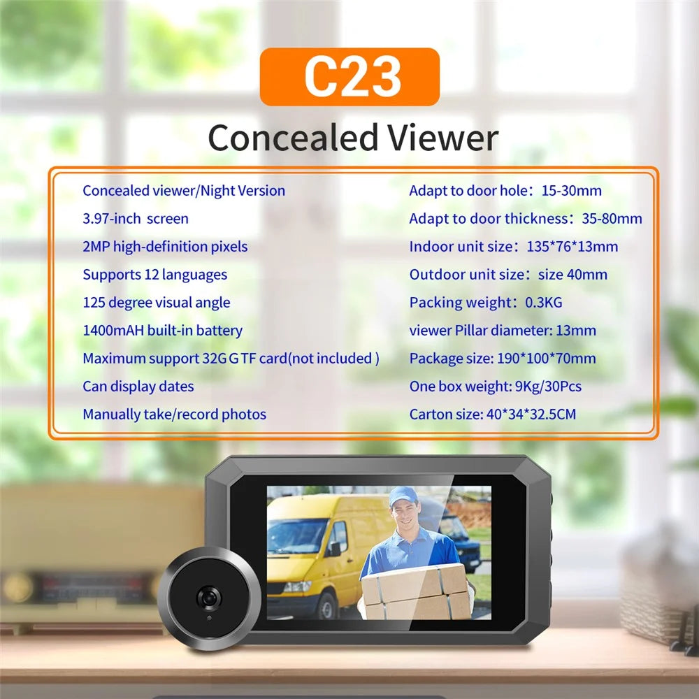 C23 1080P 3.97-Inch Screen Night Vision Doorbell Wide-Angle Camera for Home Security - Grey - 3
