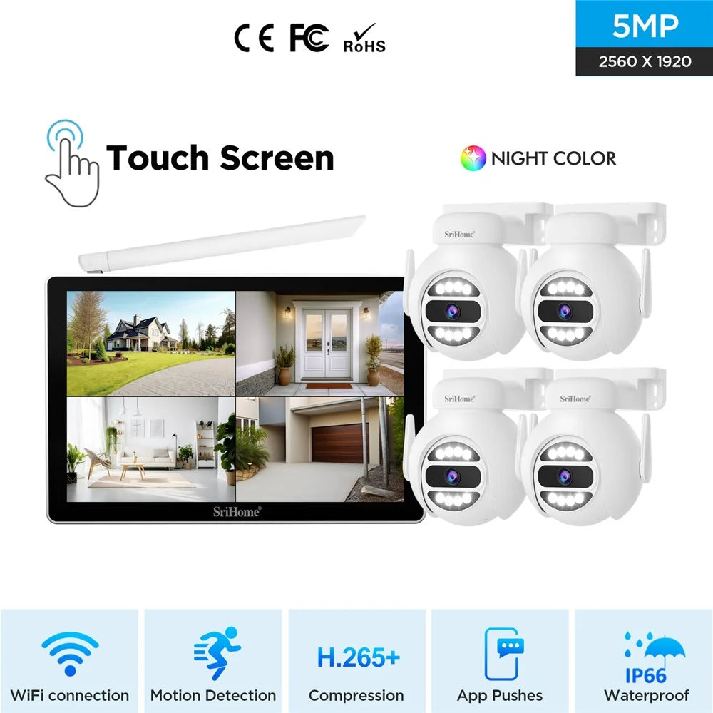 SRIHOME NVS010 1 to 4 Wireless Touch Screen 5MP HD Surveillance Camera NVR Video Recorder, EU Plug - 3