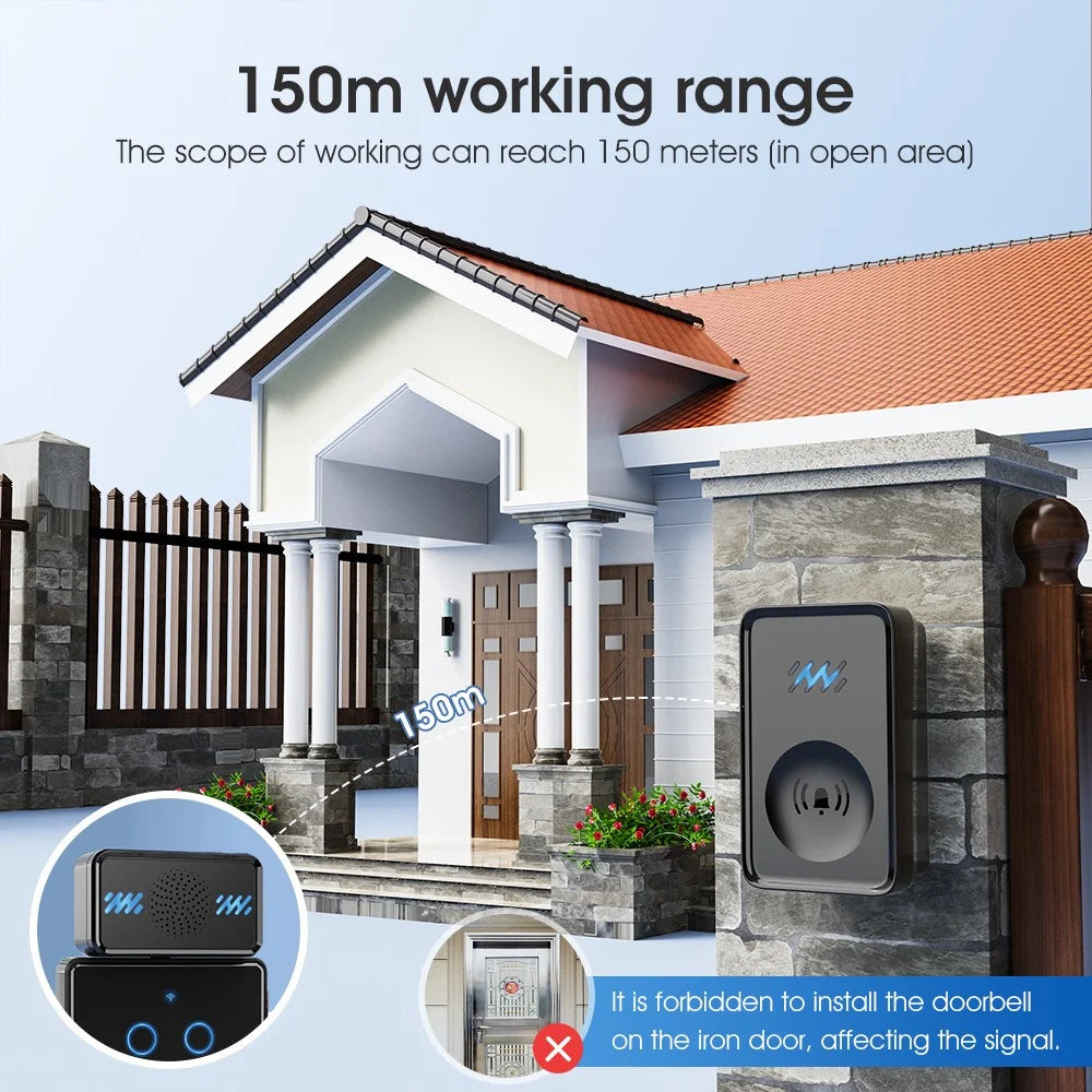 Smart Self-powered Wireless Doorbell 4-Gear Volume Waterproof Door Bell, 2 Receiver + 1 Button (CE is applying) - Black - 5