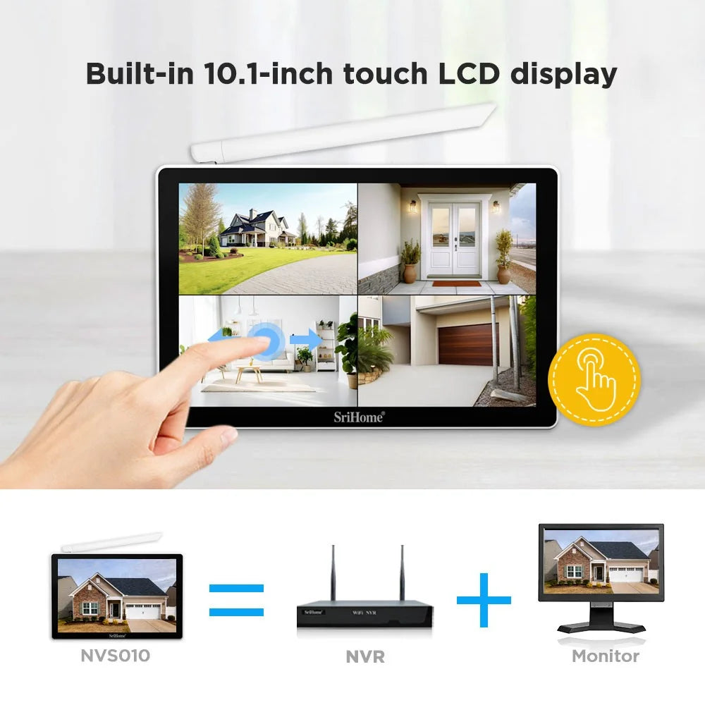 SRIHOME NVS010+IPC047 10.1 Inch LCD Screen IP66 Waterproof 8CH WiFi NVR 5MP HD CCTV Camera Kit - US Plug - 4