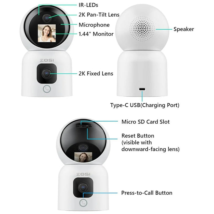 ZOSI C528M 6MP Smart Security Camera Home Surveillance Dual-Lens Monitor with Screen - US Plug - 2
