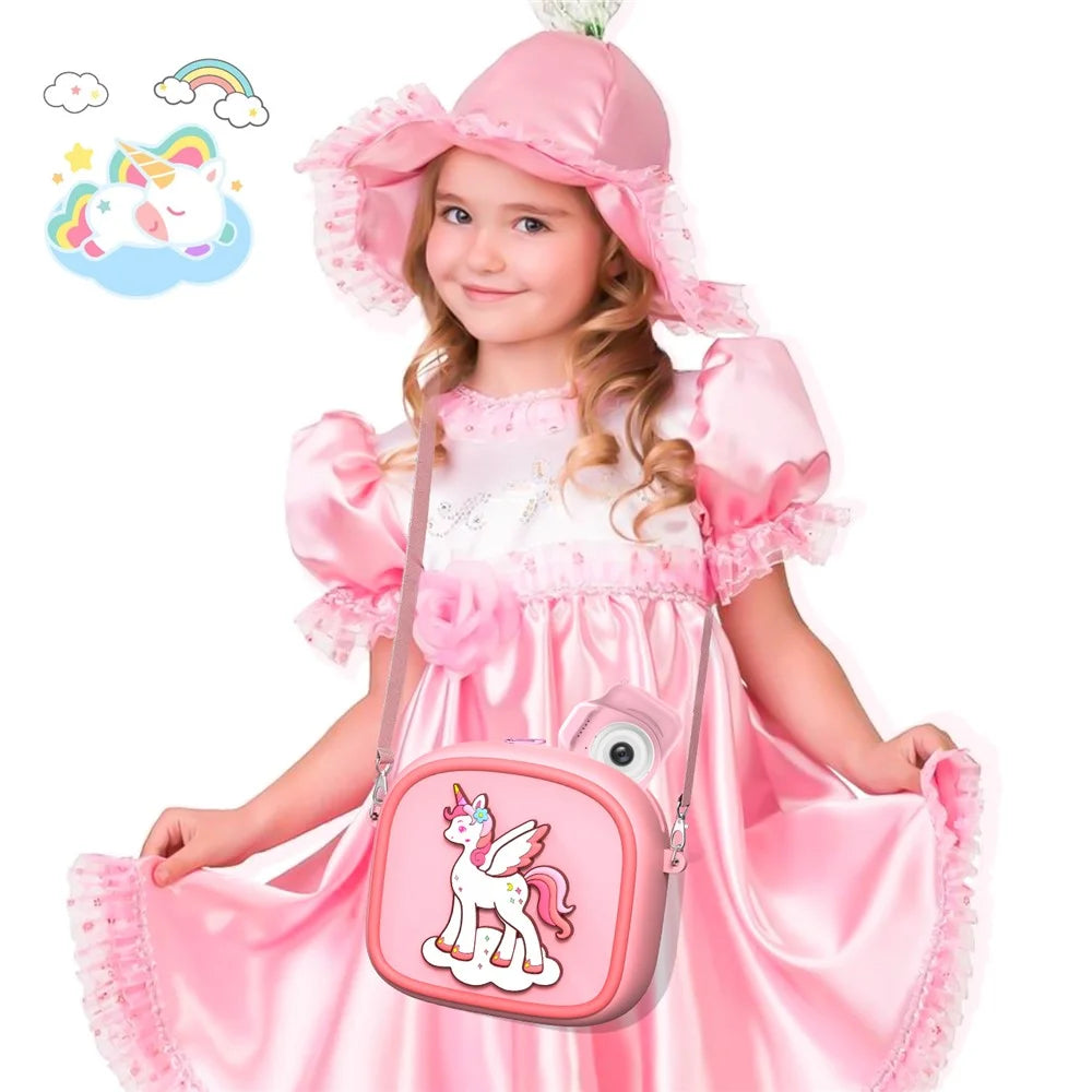 Cute Cartoon Animal Design Children Camera Carrying Case Silicone Shoulder Bag for Kids Photography - Pink - 2