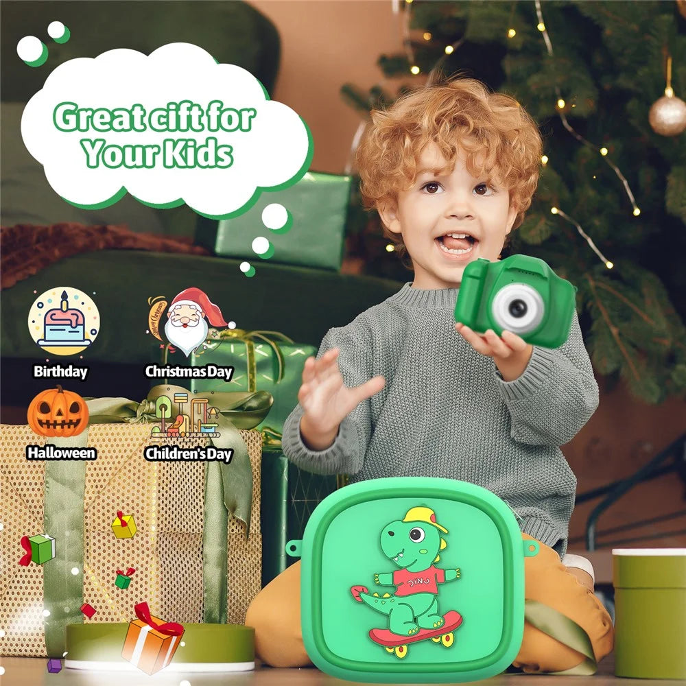 Cute Cartoon Animal Design Children Camera Carrying Case Silicone Shoulder Bag with 5 Rolls Thermal Paper - Green - 5