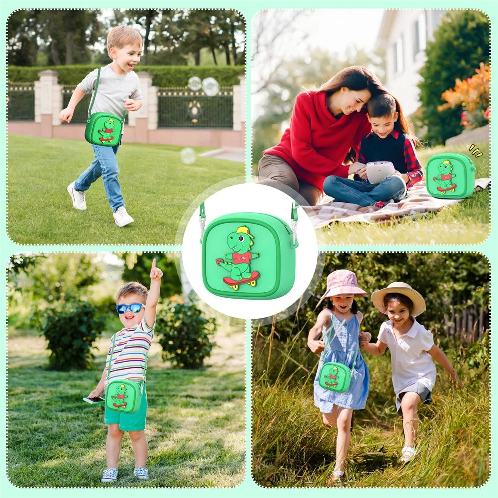 Cute Cartoon Animal Design Children Camera Carrying Case Silicone Shoulder Bag with 5 Rolls Thermal Paper - Green - 6
