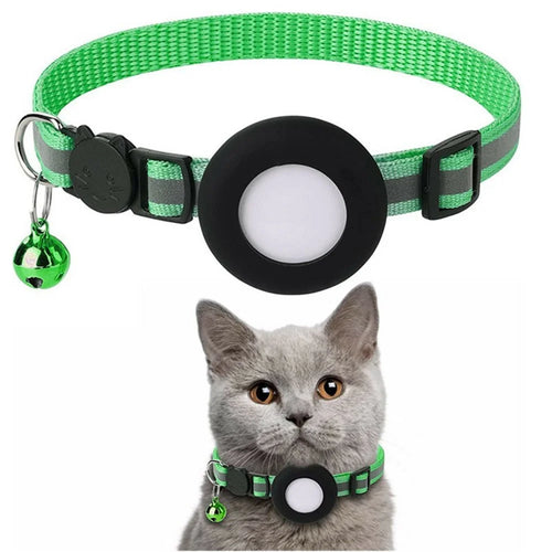 For Airtag Cat Collar with Bell Adjustable Safety Buckle Reflective Nylon Pet Collar with Silicone Case - Green - 1