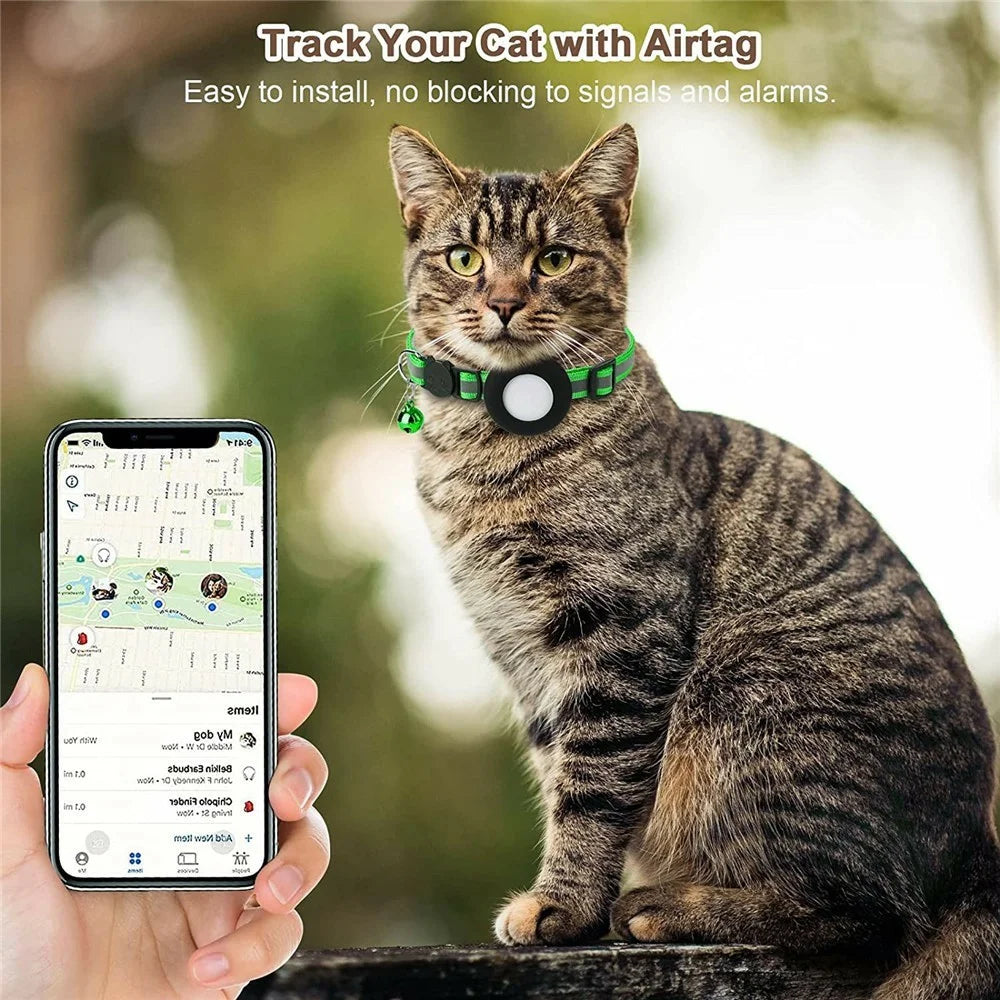 For Airtag Cat Collar with Bell Adjustable Safety Buckle Reflective Nylon Pet Collar with Silicone Case - Green - 5