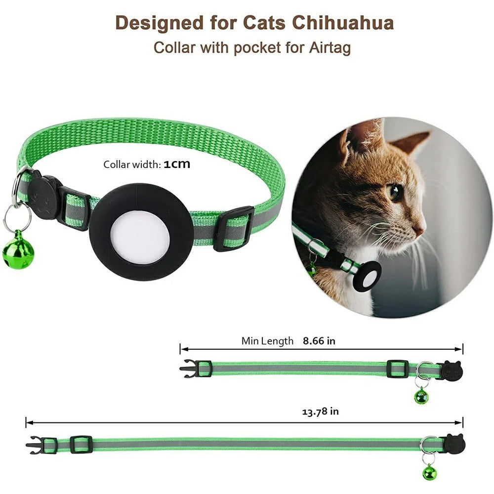 For Airtag Cat Collar with Bell Adjustable Safety Buckle Reflective Nylon Pet Collar with Silicone Case - Green - 6