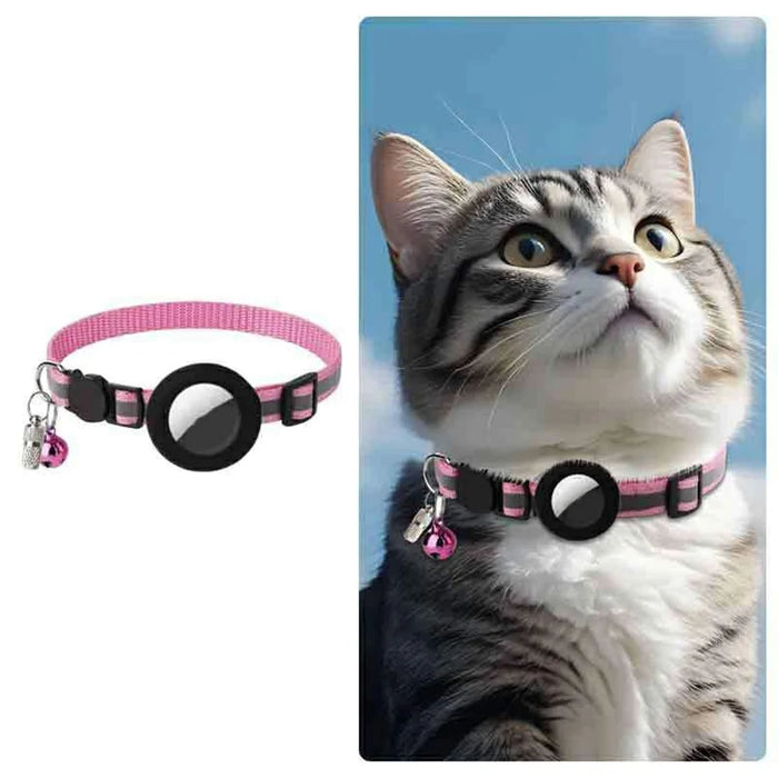For AirTag Tracker Pet Collar Silicone Case Reflective Adjustable Nylon Cat Collar with Bell and ID Tag - Pink - 1