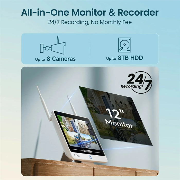 ZOSI 8CH 2K C302 Home Security Wi-Fi 6 Camera System AI Human Detection Color Night Vision 12 Inch Monitor + 4 3MP Cameras - US Plug - 2