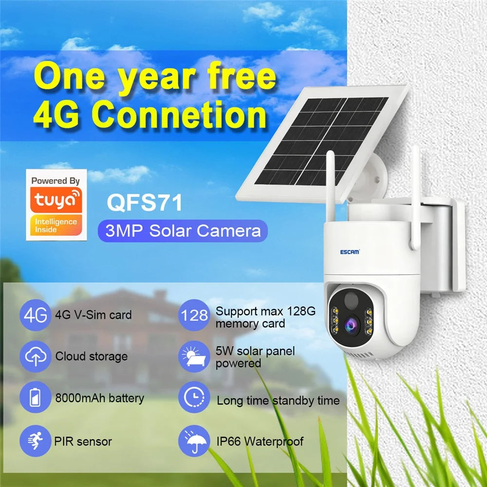ESCAM QFS71 3MP Wireless Solar Security Camera PIR Alarm Two-Way Audio Night Vision Camera with 4G Virtual SIM Card - 4