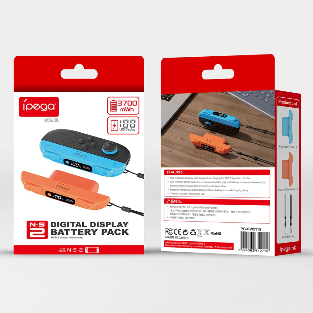 IPEGA 2Pcs For Nintendo Switch 2 Joy-Con Controller Portable Battery Pack with LED Display Ergonomic Grip Charger - Red+Blue/SW2115 - 6