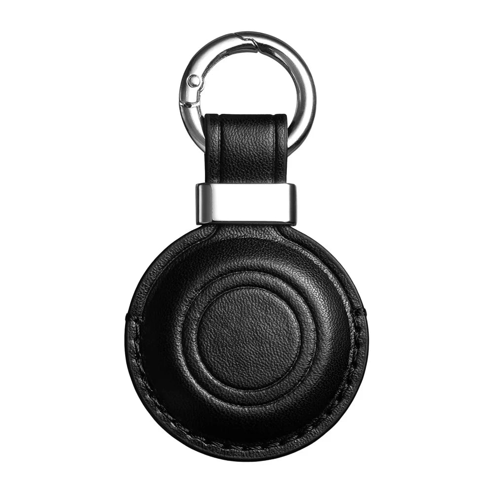 For Apple AirTag Tracker PU Leather Case Round Protective Cover with Metal Hook - Black - 1