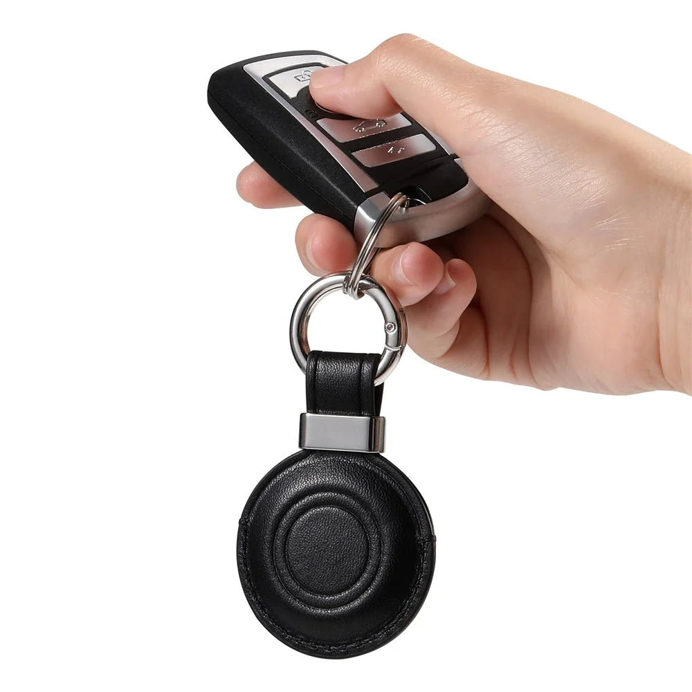 For Apple AirTag Tracker PU Leather Case Round Protective Cover with Metal Hook - Black - 3