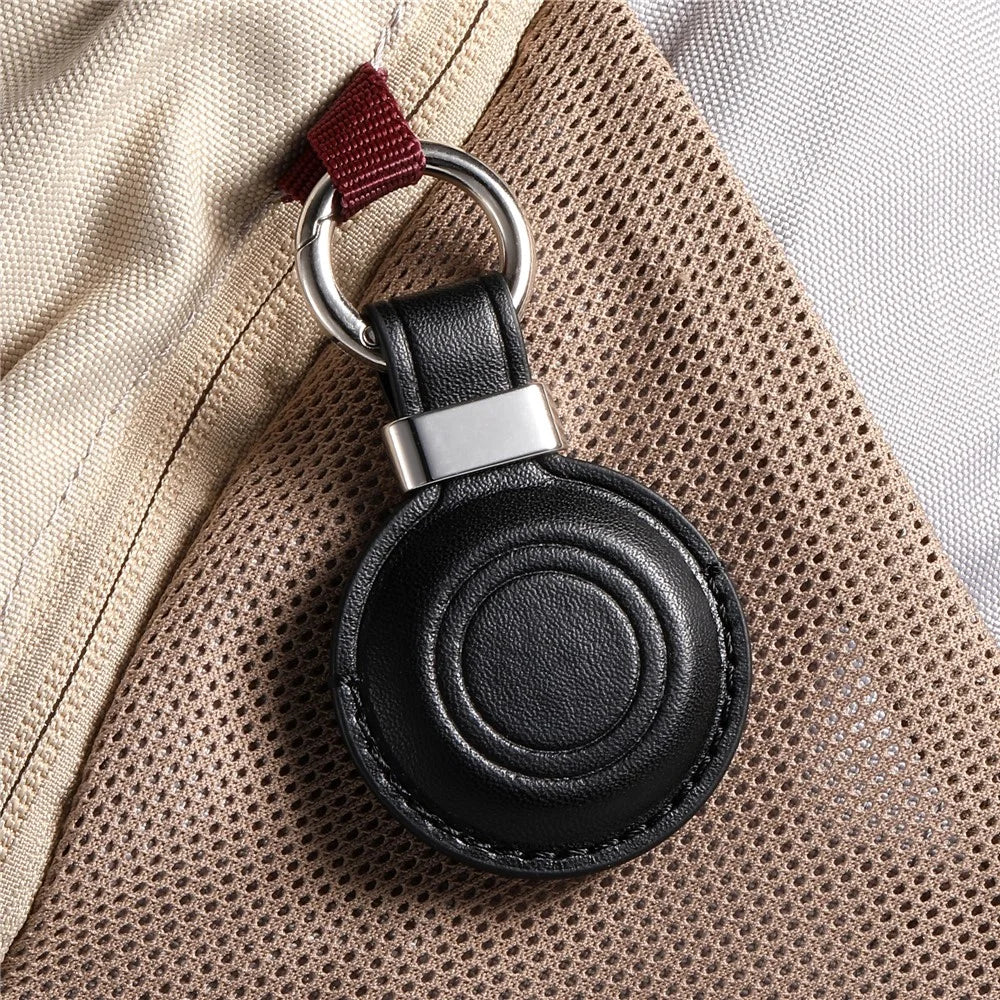 For Apple AirTag Tracker PU Leather Case Round Protective Cover with Metal Hook - Black - 4
