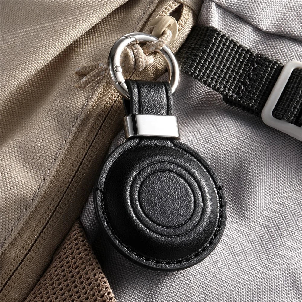 For Apple AirTag Tracker PU Leather Case Round Protective Cover with Metal Hook - Black - 5