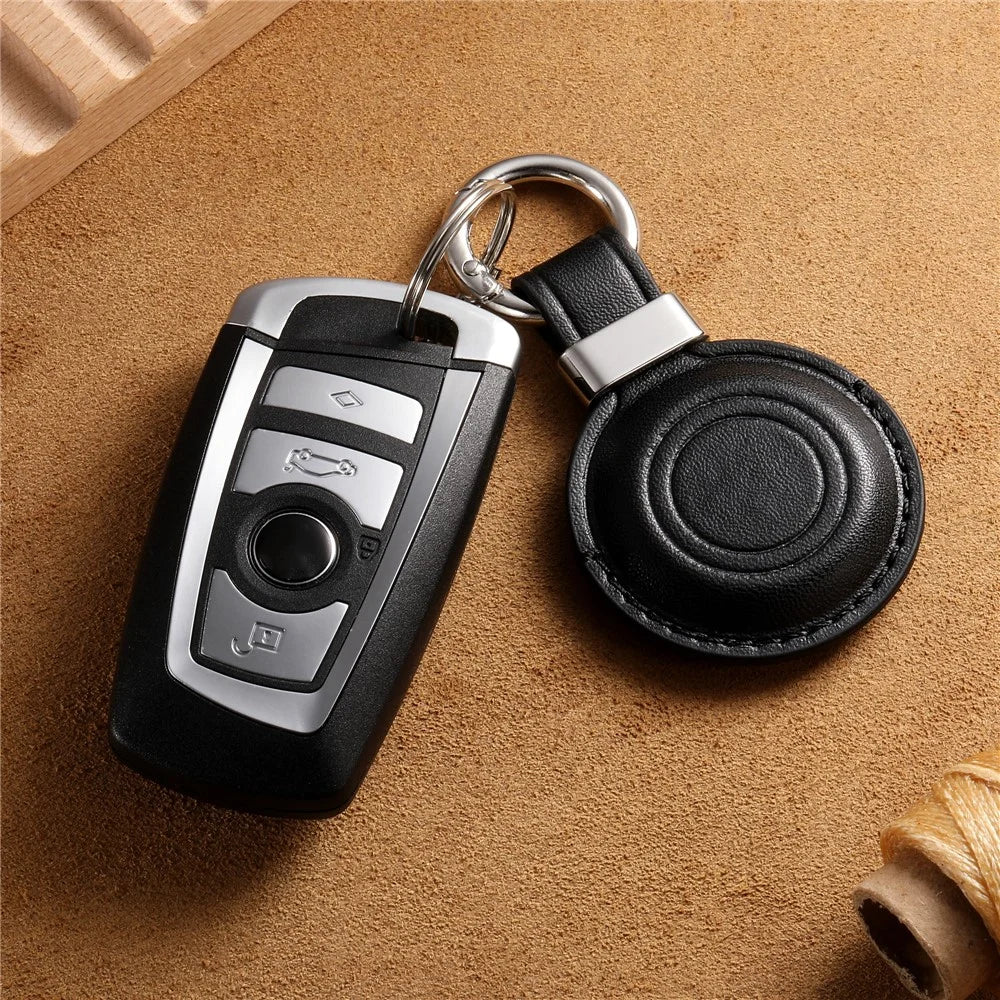 For Apple AirTag Tracker PU Leather Case Round Protective Cover with Metal Hook - Black - 6