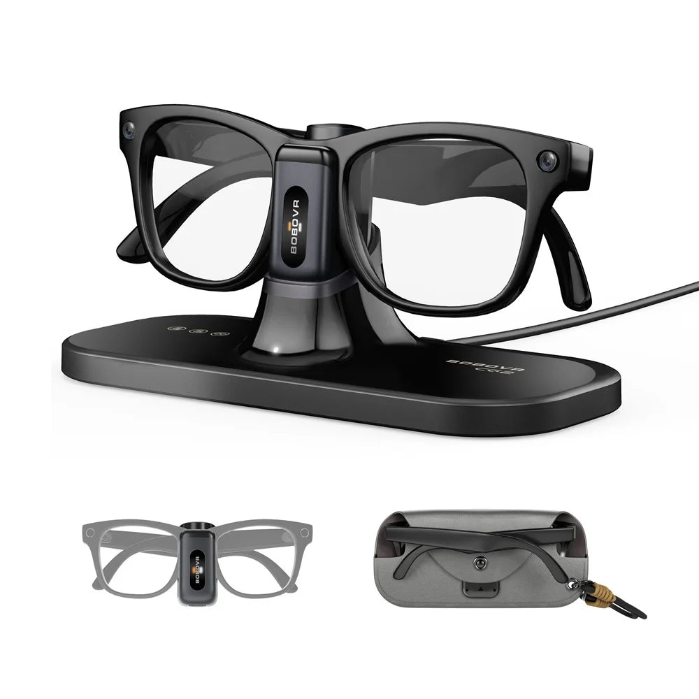 BOBOVR CG2 Charging Dock for Meta Ray-Ban Wayfarer / Skyler / Headliner Smart AI Glass 3 in 1 Charging Station with Portable Battery Clip and Travel Case - Black - 1