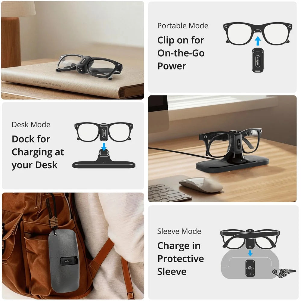 BOBOVR CG2 Charging Dock for Meta Ray-Ban Wayfarer / Skyler / Headliner Smart AI Glass 3 in 1 Charging Station with Portable Battery Clip and Travel Case - Black - 4